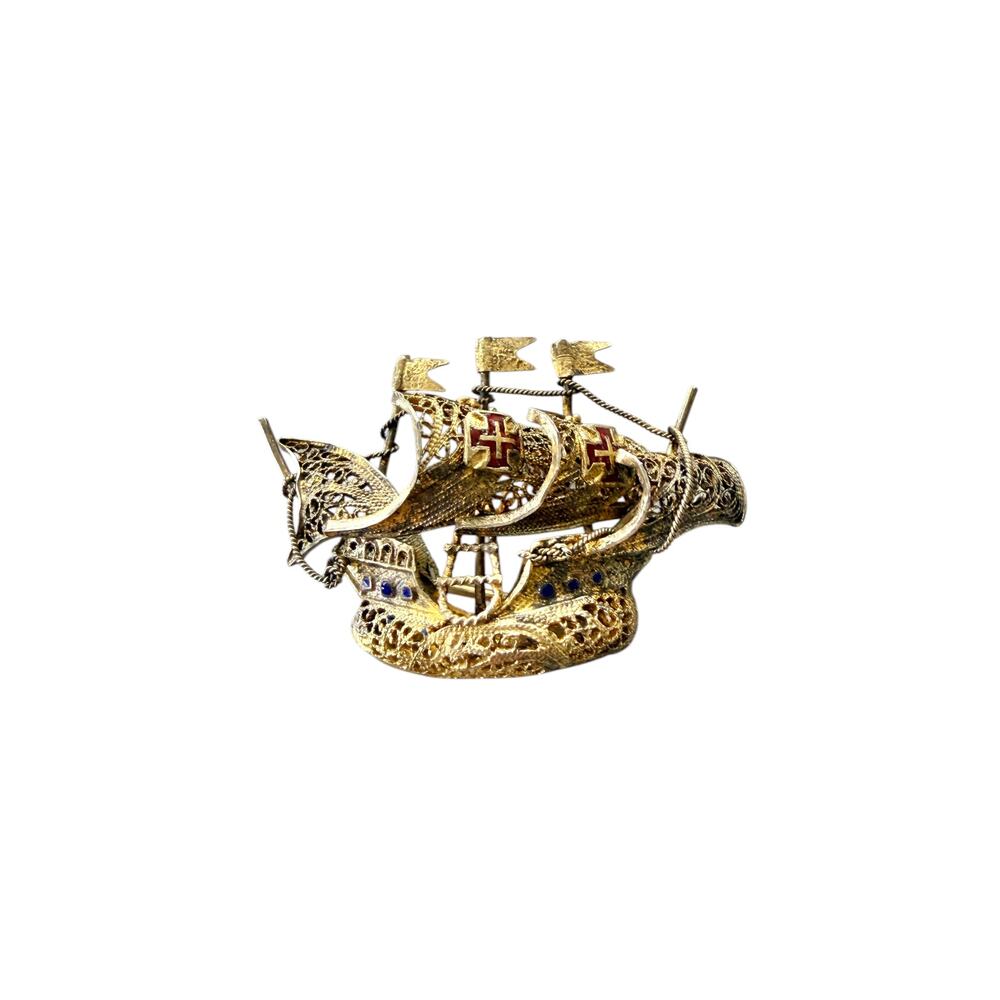 Vintage Topazio Portugal Filigree Ship Brooch Nautical Sailing Pin